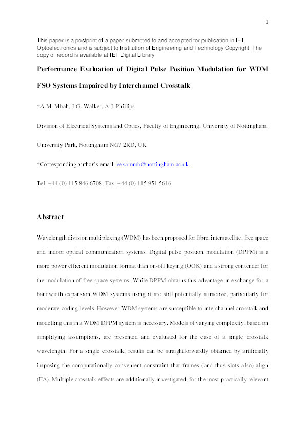 Performance evaluation of digital pulse position modulation for wavelength division multiplexing FSO systems impaired by interchannel crosstalk Thumbnail