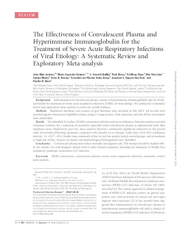 The Effectiveness of Convalescent Plasma and Hyperimmune Immunoglobulin for the Treatment of Severe Acute Respiratory Infections of Viral Etiology: A Systematic Review and Exploratory Meta-analysis Thumbnail