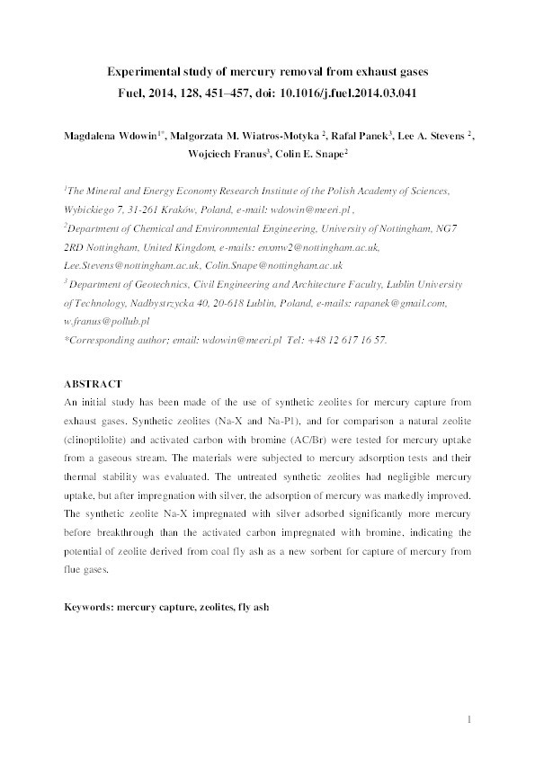 Experimental study of mercury removal from exhaust gases Thumbnail