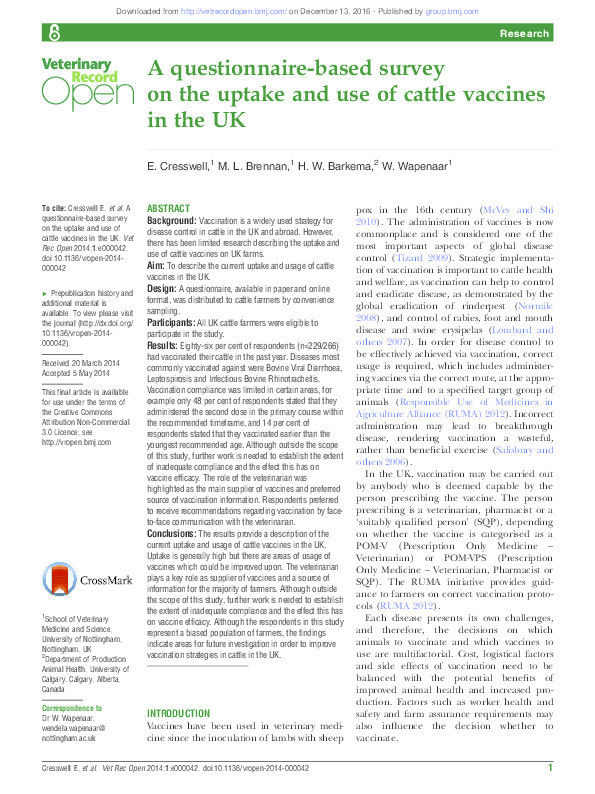 A questionnaire-based survey on the uptake and use of cattle vaccines in the UK Thumbnail