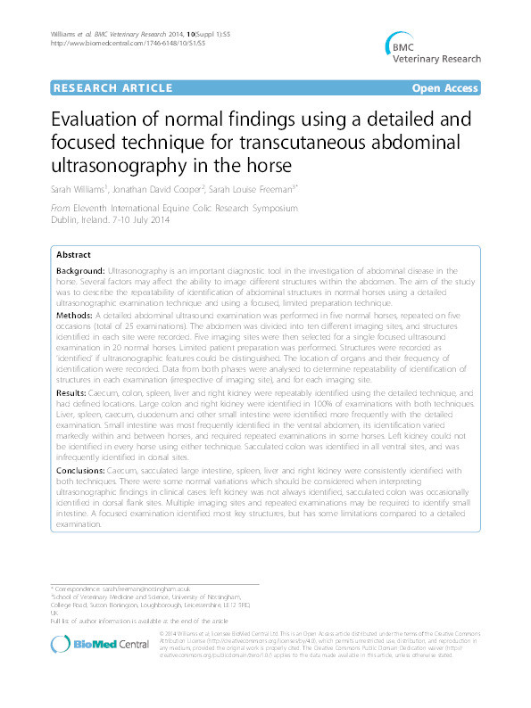 Evaluation of normal findings using a detailed and focused technique for transcutaneous abdominal ultrasonography in the horse Thumbnail