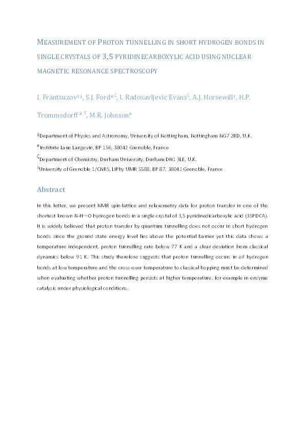 Measurement of proton tunneling in short hydrogen bonds in single crystals of 3,5 pyridinedicarboxylic acid using nuclear magnetic resonance spectroscopy Thumbnail