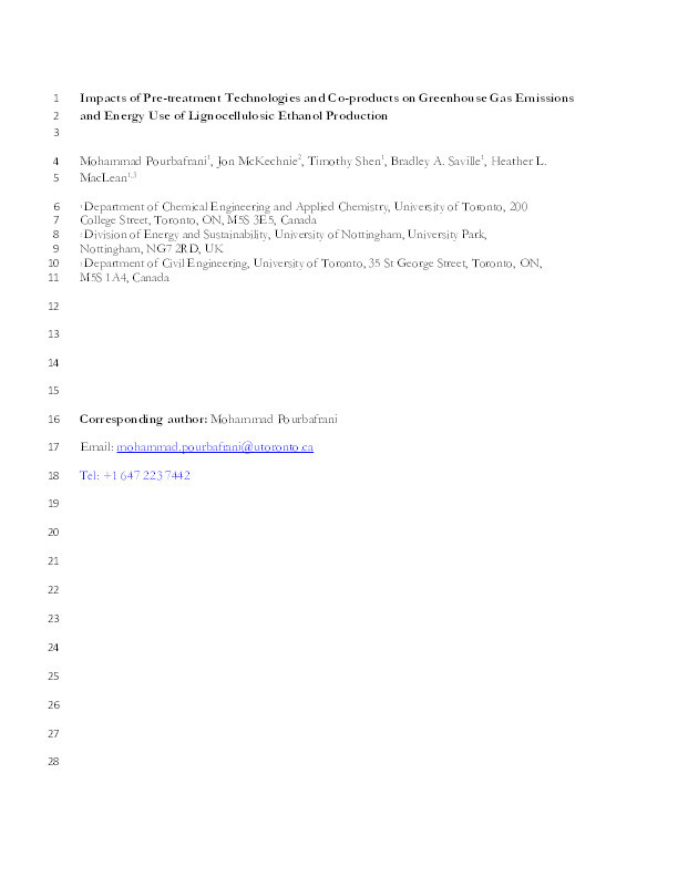 Impacts of pre-treatment technologies and co-products on greenhouse gas emissions and energy use of lignocellulosic ethanol production Thumbnail