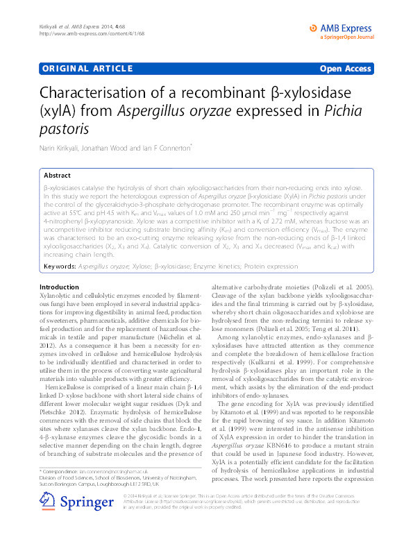 Characterisation of a recombinant ?-xylosidase (xylA) from Aspergillus oryzae expressed in Pichia pastoris Thumbnail