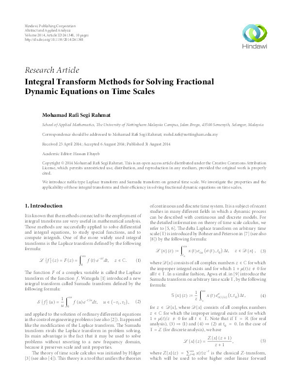 Integral transform methods for solving fractional dynamic equations on time scales Thumbnail