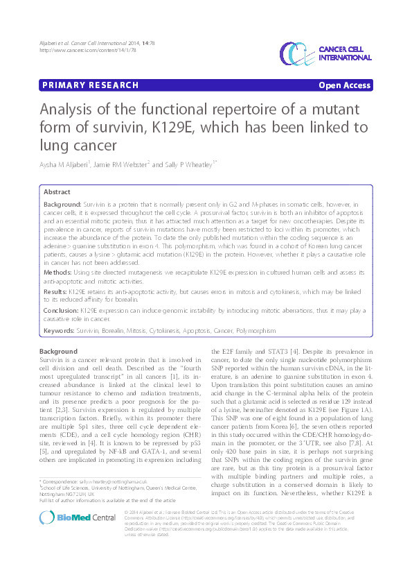 Analysis of the functional repertoire of a mutant form of survivin, K129E, which has been linked to lung cancer Thumbnail