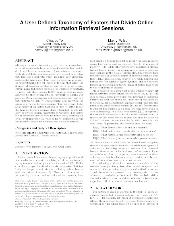 A user defined taxonomy of factors that divide online information retrieval sessions Thumbnail
