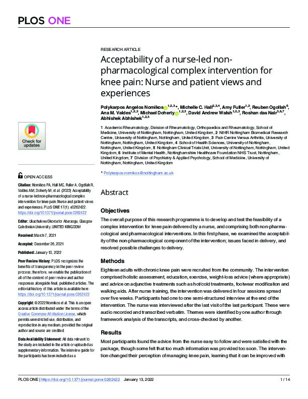 Acceptability of a nurse-led non-pharmacological complex intervention for knee pain: Nurse and patient views and experiences Thumbnail