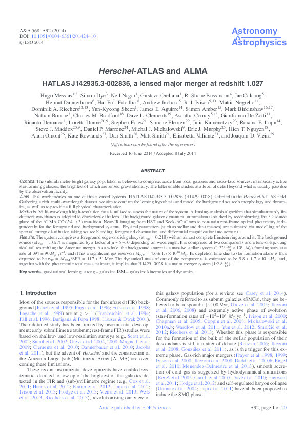 Herschel-ATLAS and ALMA: HATLAS?J142935.3-002836, a lensed major merger at redshift 1.027 Thumbnail