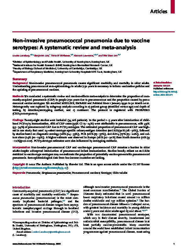 Non-invasive pneumococcal pneumonia due to vaccine serotypes: A systematic review and meta-analysis Thumbnail