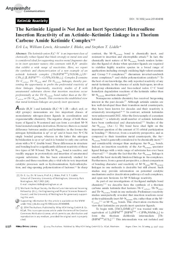 The Ketimide Ligand is Not Just an Inert Spectator: Heteroallene Insertion Reactivity of an Actinide-Ketimide Linkage in a Thorium Carbene Amide Ketimide Complex Thumbnail