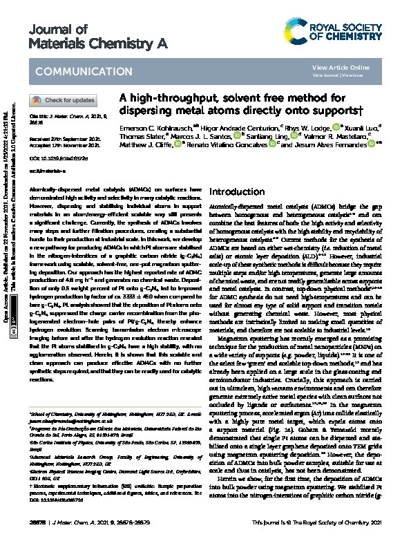 A high-throughput, solvent free method for dispersing metal atoms directly onto supports Thumbnail