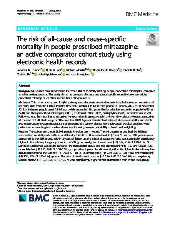 The risk of all-cause and cause-specific mortality in people prescribed mirtazapine: an active comparator cohort study using electronic health records Thumbnail