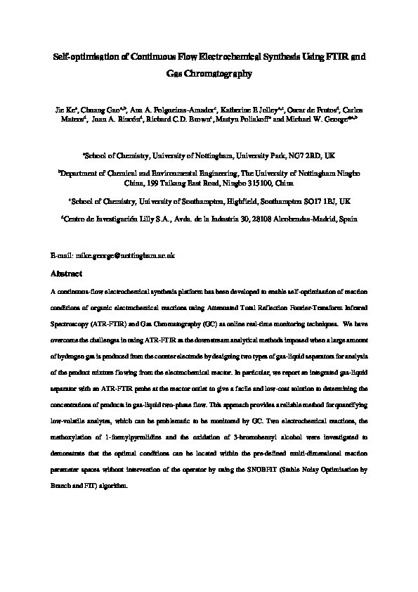 Self-Optimization of Continuous Flow Electrochemical Synthesis Using Fourier Transform Infrared Spectroscopy and Gas Chromatography Thumbnail