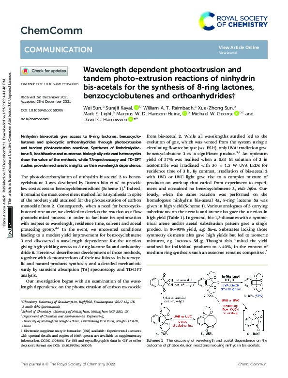 Wavelength dependent photoextrusion and tandem photo-extrusion reactions of ninhydrin bis-acetals for the synthesis of 8-ring lactones, benzocyclobutenes and orthoanhydrides Thumbnail