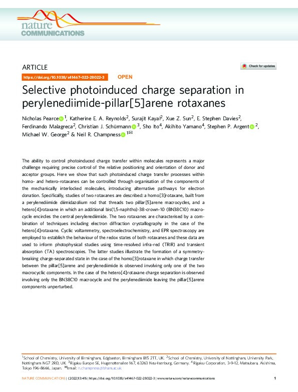 Selective photoinduced charge separation in perylenediimide-pillar[5]arene rotaxanes Thumbnail