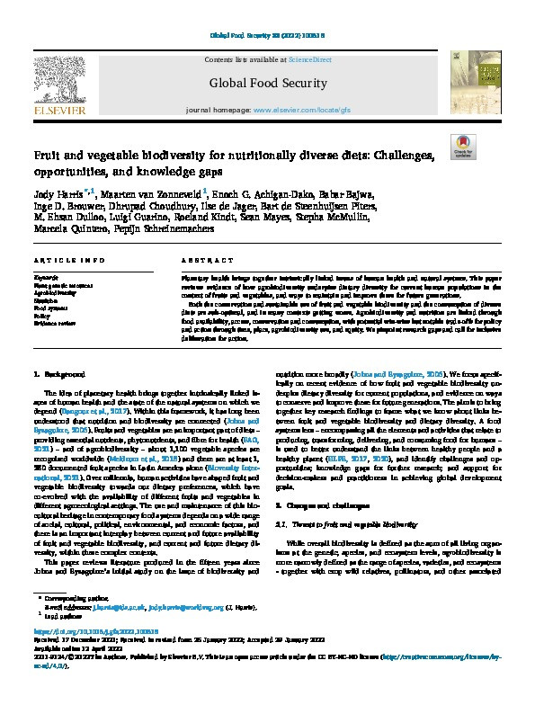 Fruit and vegetable biodiversity for nutritionally diverse diets: Challenges, opportunities, and knowledge gaps Thumbnail