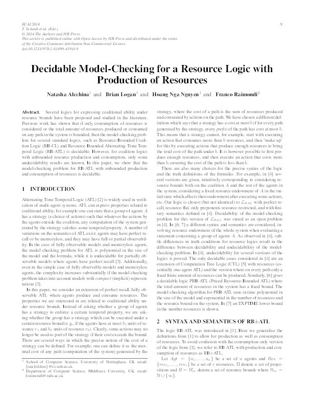 Decidable model-checking for a resource logic with production of resources Thumbnail