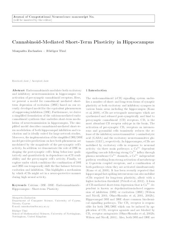 Cannabinoid-mediated short-term plasticity in hippocampus Thumbnail
