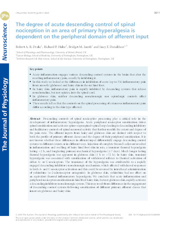 The degree of acute descending control of spinal nociception in an area of primary hyperalgesia is dependent on the peripheral domain of afferent input Thumbnail