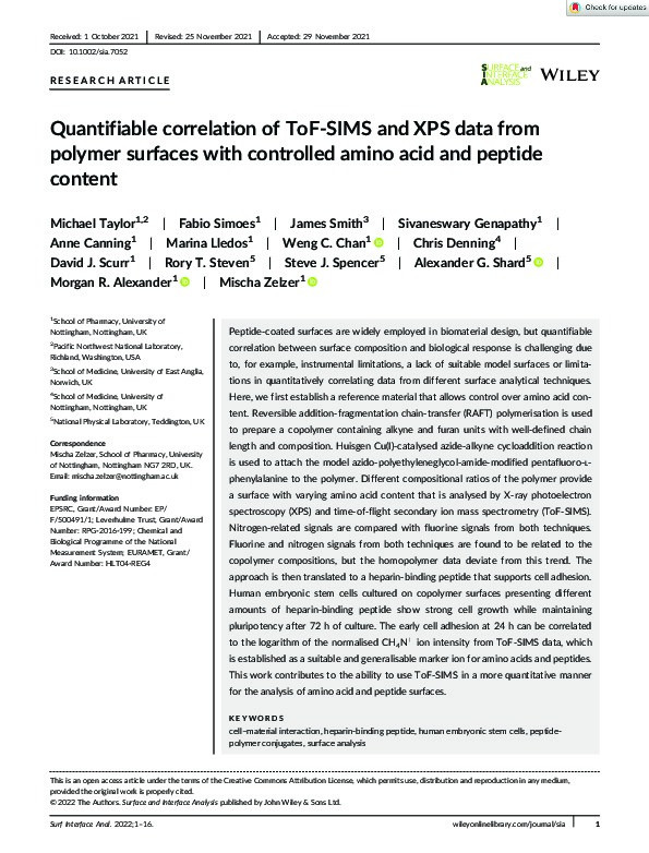 Quantifiable correlation of ToF-SIMS and XPS data from polymer surfaces with controlled amino acid and peptide content Thumbnail