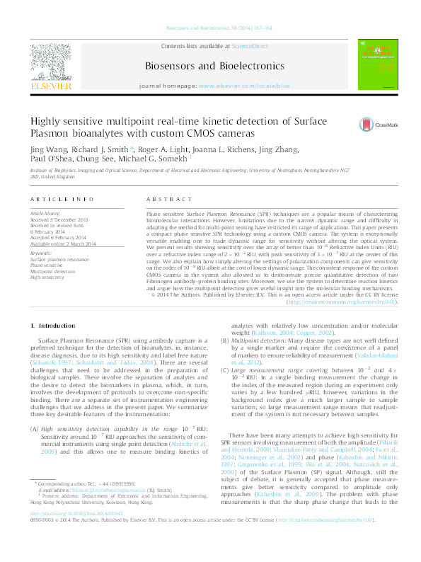 Highly sensitive multipoint real-time kinetic detection of Surface Plasmon bioanalytes with custom CMOS cameras Thumbnail