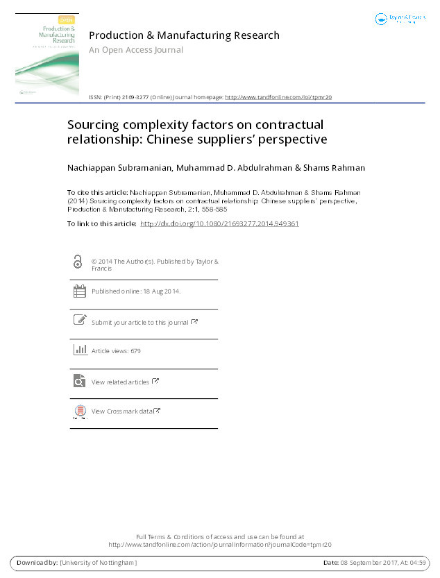 Sourcing complexity factors on contractual relationship: Chinese suppliers’ perspective Thumbnail