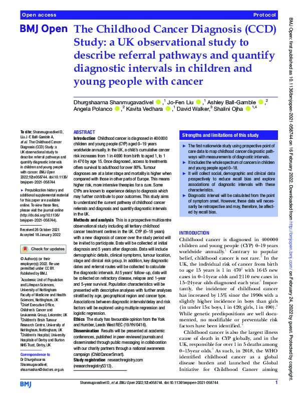 Childhood Cancer Diagnosis (CCD) Study: a UK observational study to describe referral pathways and quantify diagnostic intervals in children and young people with cancer Thumbnail