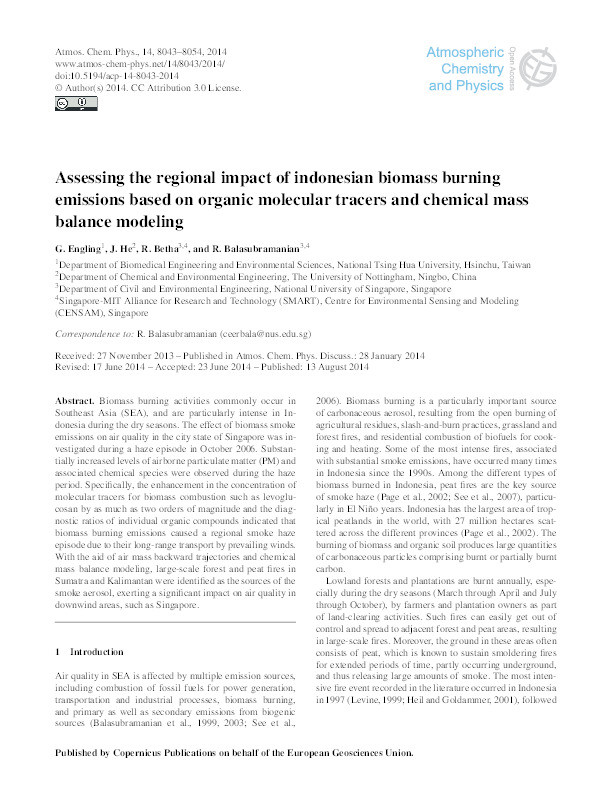 Assessing the regional impact of Indonesian biomass burning emissions based on organic molecular tracers and chemical mass balance modeling Thumbnail