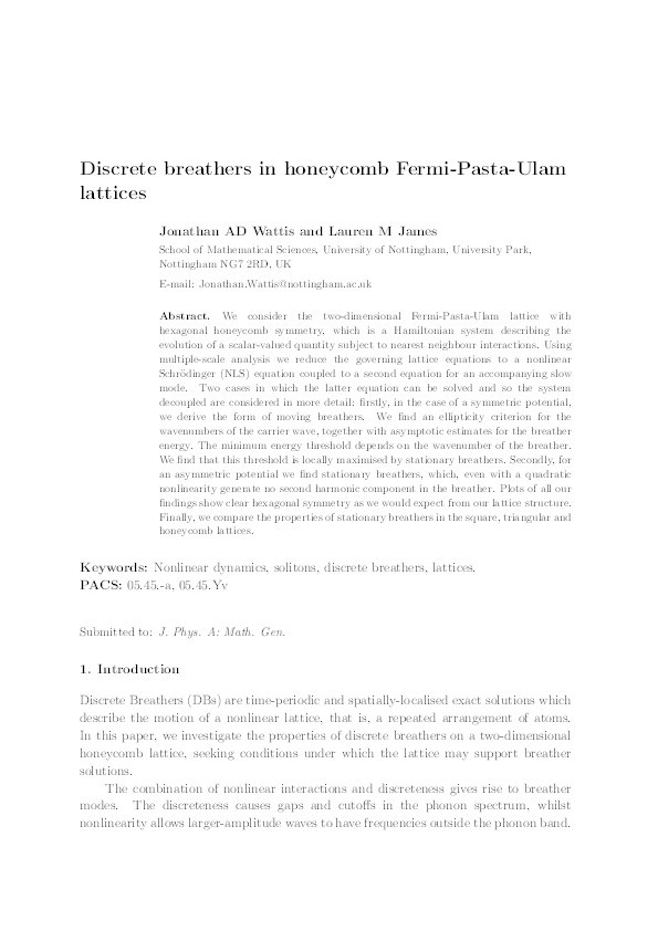 Discrete breathers in honeycomb Fermi-Pasta-Ulam lattices Thumbnail