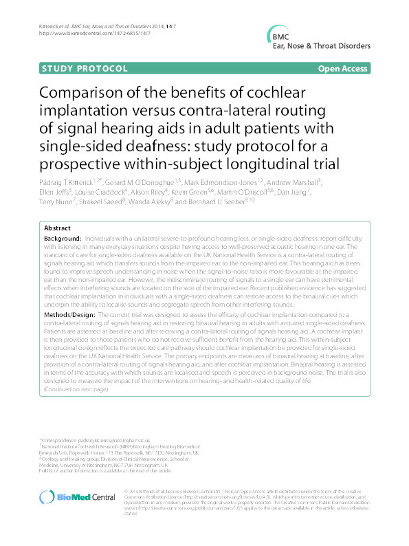 Comparison of the benefits of cochlear implantation versus contra-lateral routing of signal hearing aids in adult patients with single-sided deafness: study protocol for a prospective within-subject longitudinal trial Thumbnail