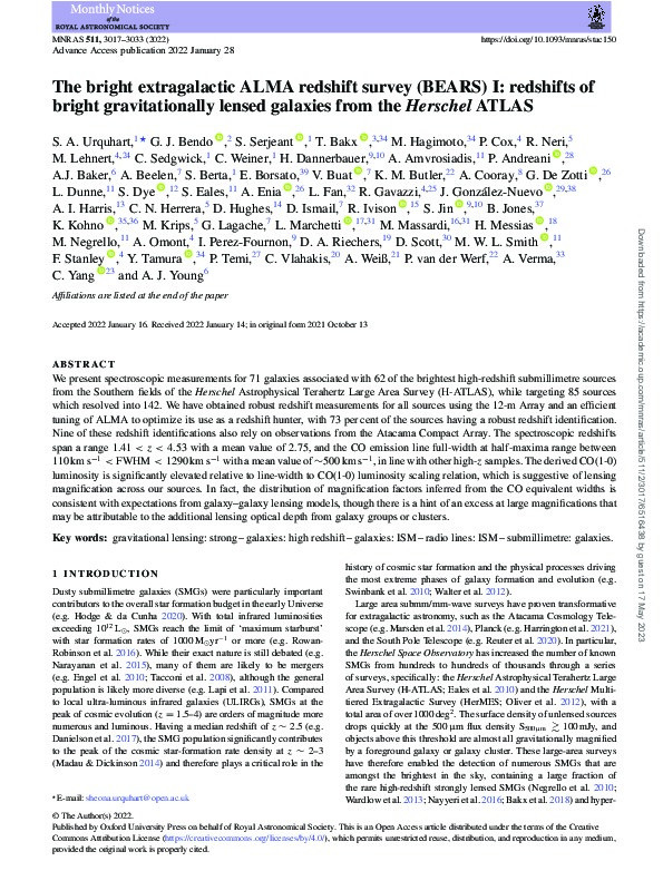 The bright extragalactic ALMA redshift survey (BEARS) I: redshifts of bright gravitationally lensed galaxies from the Herschel ATLAS Thumbnail