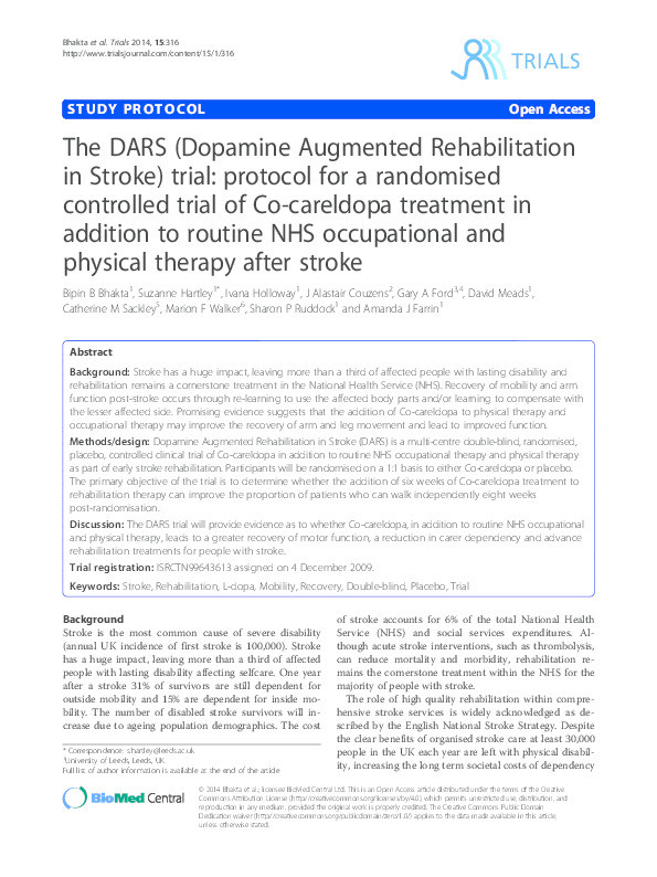 The DARS (Dopamine Augmented Rehabilitation in Stroke) trial: protocol for a randomised controlled trial of Co-careldopa treatment in addition to routine NHS occupational and physical therapy after stroke Thumbnail