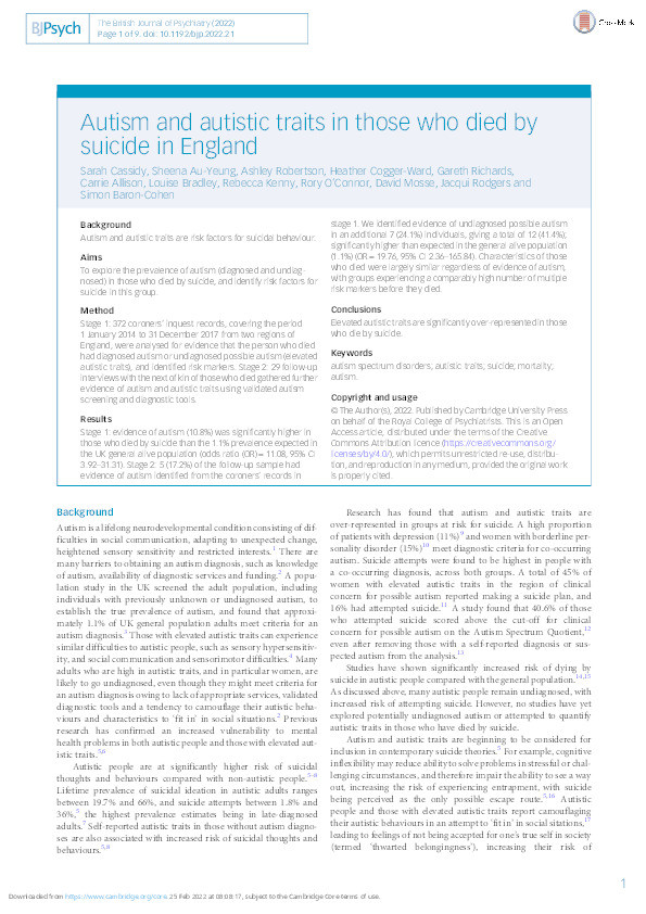 Autism and autistic traits in those who died by suicide in England Thumbnail