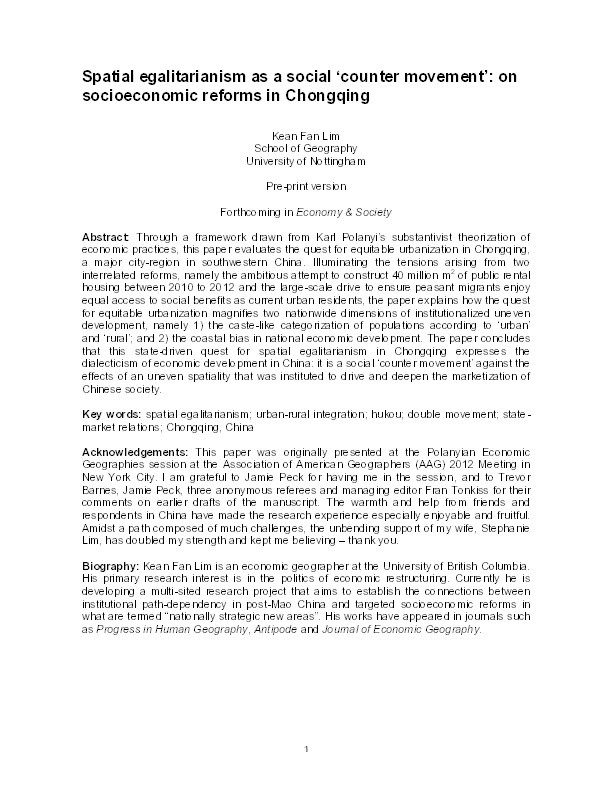 Spatial egalitarianism as a social �counter-movement': on socio-economic reforms in Chongqing Thumbnail