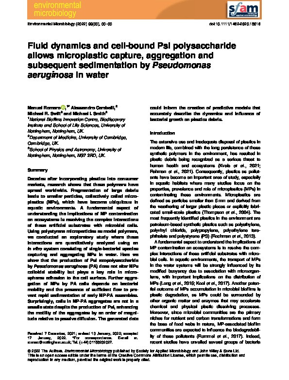 Fluid dynamics and cell-bound Psl polysaccharide allows microplastic capture, aggregation and subsequent sedimentation by Pseudomonas aeruginosa in water Thumbnail