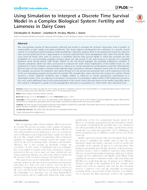Using simulation to interpret a discrete time survival model in a complex biological system: fertility and lameness in dairy cows Thumbnail