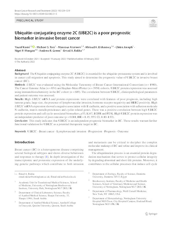 Ubiquitin-conjugating enzyme 2C (UBE2C) is a poor prognostic biomarker in invasive breast cancer Thumbnail