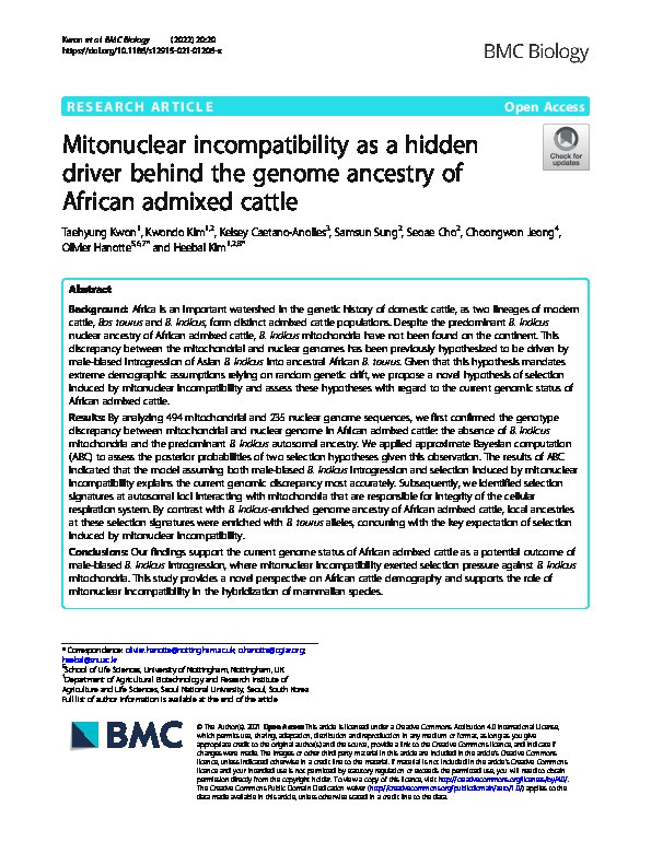 Mitonuclear incompatibility as a hidden driver behind the genome ancestry of African admixed cattle Thumbnail