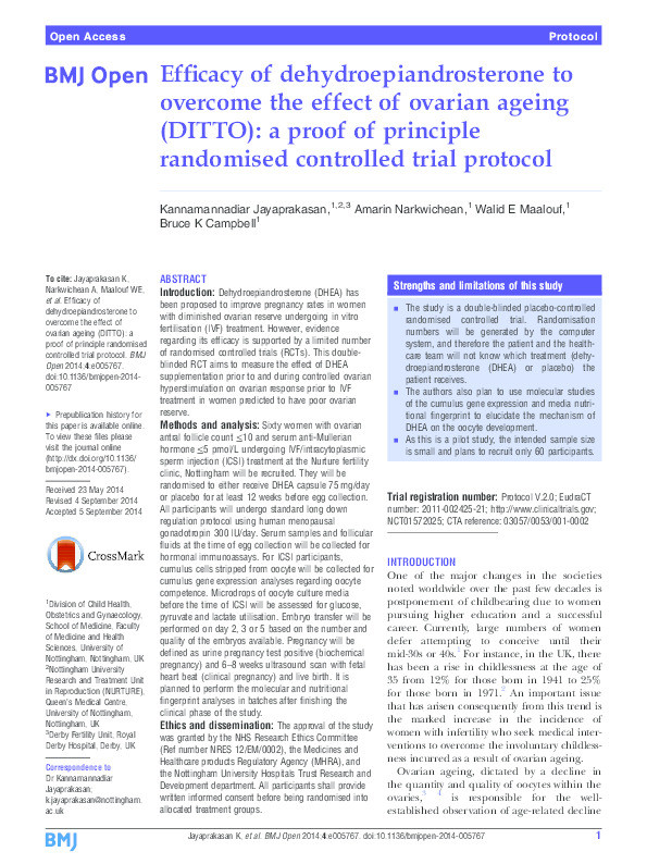 Efficacy of dehydroepiandrosterone to overcome the effect of ovarian ageing (DITTO): a proof of principle randomised controlled trial protocol Thumbnail