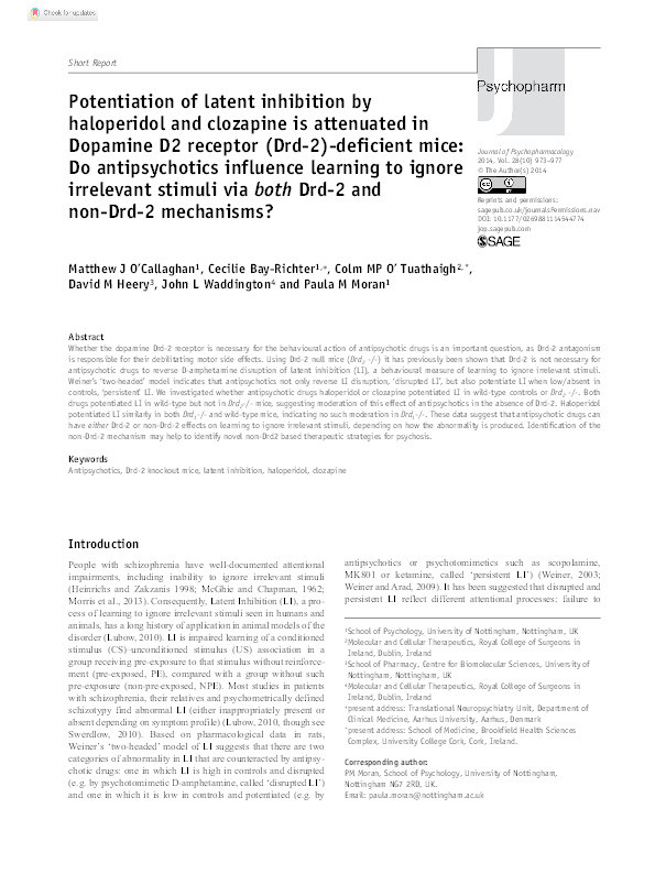 Potentiation of latent inhibition by haloperidol and clozapine is attenuated in Dopamine D2 receptor (Drd-2) deficient mice: Do antipsychotics influence learning to ignore irrelevant stimuli via both Drd-2 and non-Drd-2 mechanisms? Thumbnail