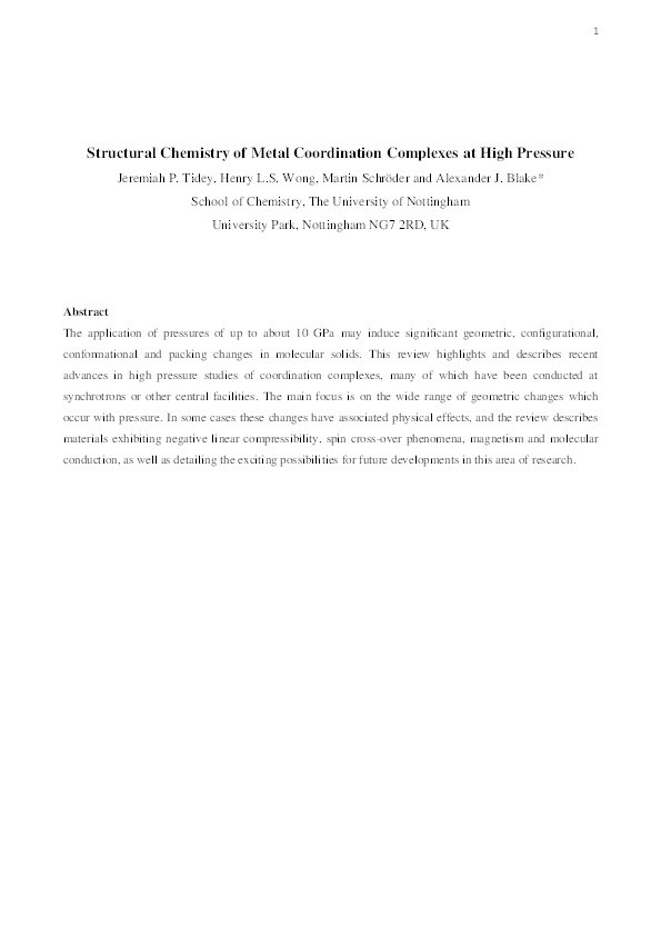 Structural chemistry of metal coordination complexes at high pressure Thumbnail
