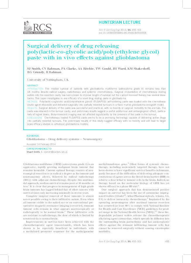 Surgical delivery of drug releasing poly(lactic-co-glycolic acid)/poly(ethylene glycol) paste with in vivo effects against glioblastoma Thumbnail