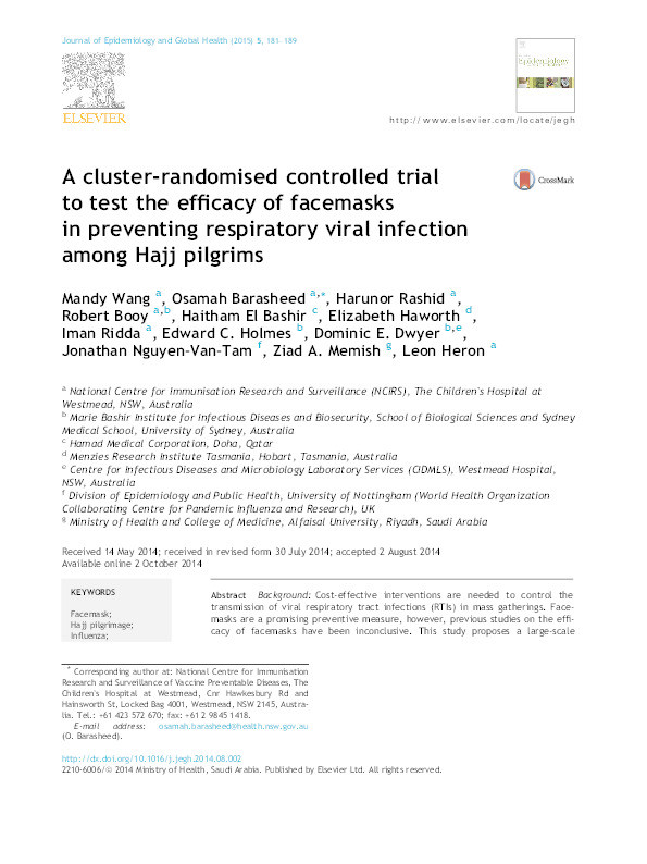 A cluster-randomised controlled trial to test the efficacy of facemasks in preventing respiratory viral infection among Hajj pilgrims Thumbnail