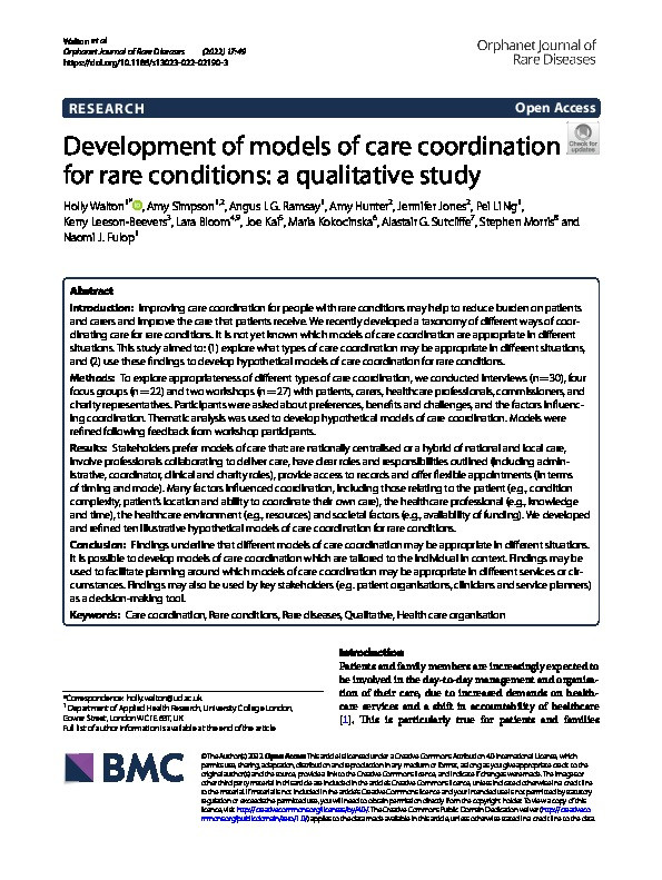 Development of models of care coordination for rare conditions: A qualitative study Thumbnail