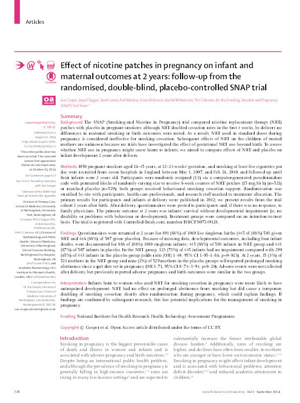 Effect of nicotine patches in pregnancy on infant and maternal outcomes at 2 years: follow-up from the randomised, double-blind, placebo-controlled SNAP trial Thumbnail