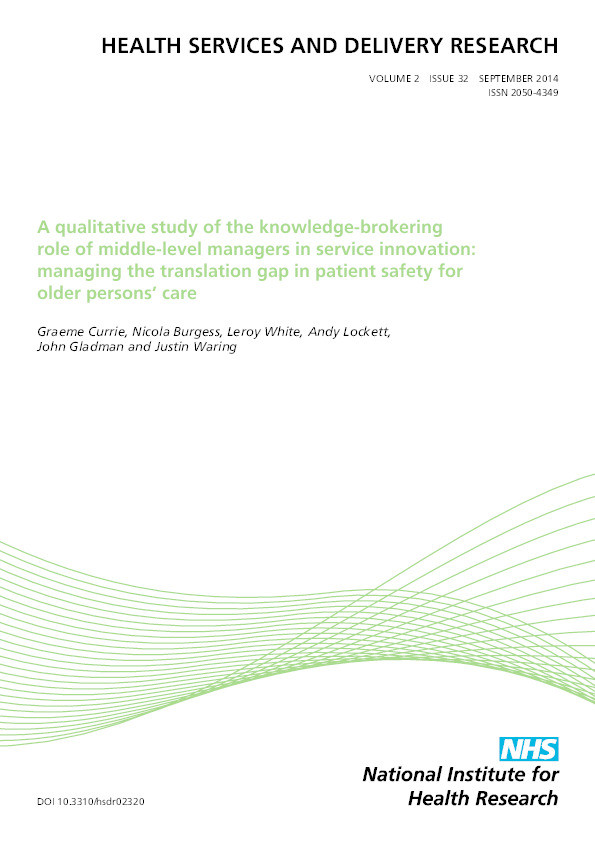 A qualitative study of the knowledge-brokering role of middle-level managers in service innovation: managing the translation gap in patient safety for older persons’ care Thumbnail