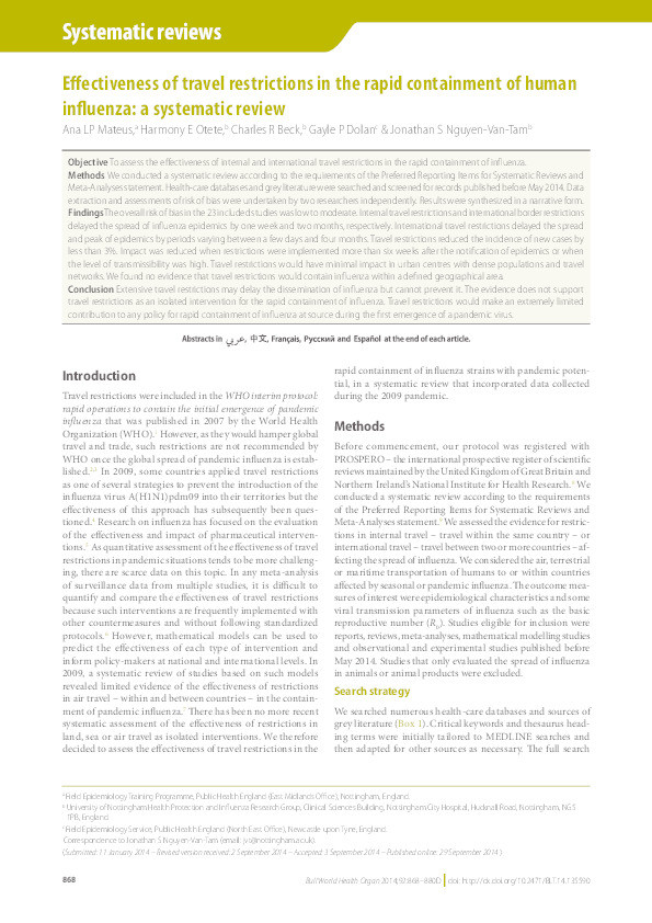 Effectiveness of travel restrictions in the rapid containment of human influenza: a systematic review Thumbnail