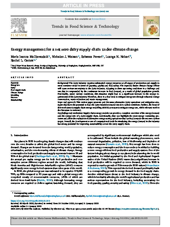 Energy management for a net zero dairy supply chain under climate change Thumbnail