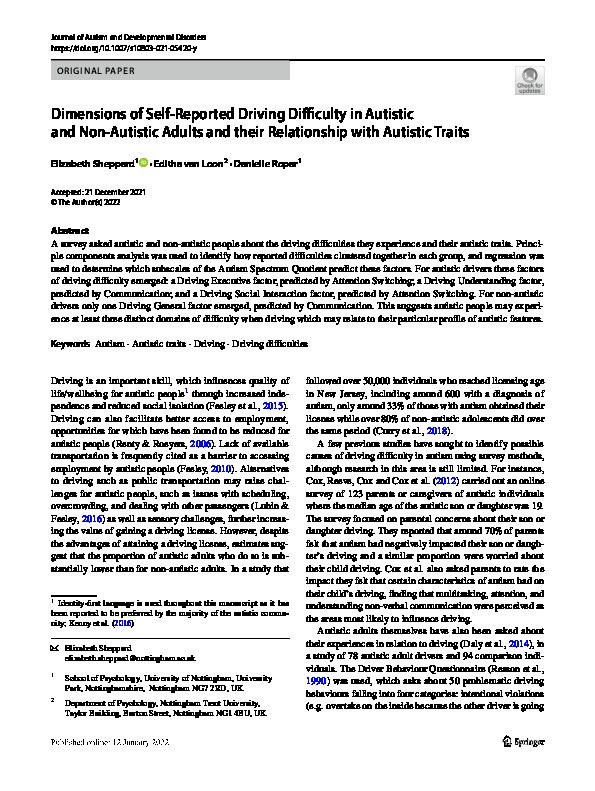 Dimensions of Self-Reported Driving Difficulty in Autistic and Non-Autistic Adults and their Relationship with Autistic Traits Thumbnail